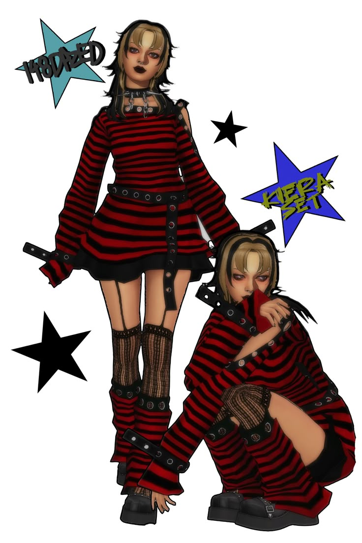 two women dressed in red and black striped clothing with stars on the side, one holding her hand over her face