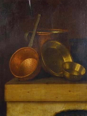 an oil painting of pots and pans on top of a wooden block with a cat nearby