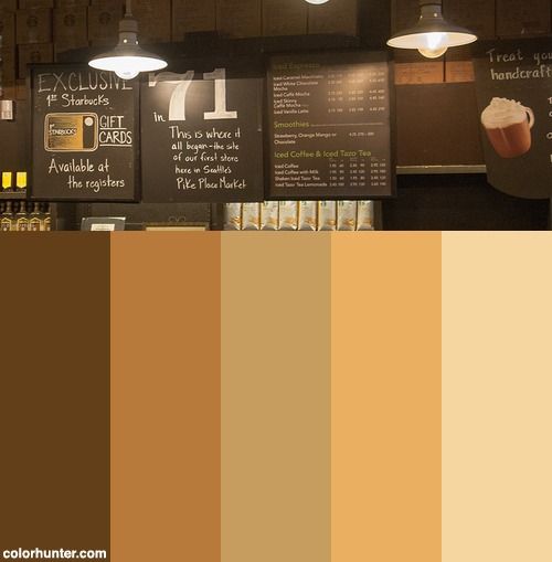 the interior of a coffee shop with brown and tan colors on the walls, along with chalkboard menus