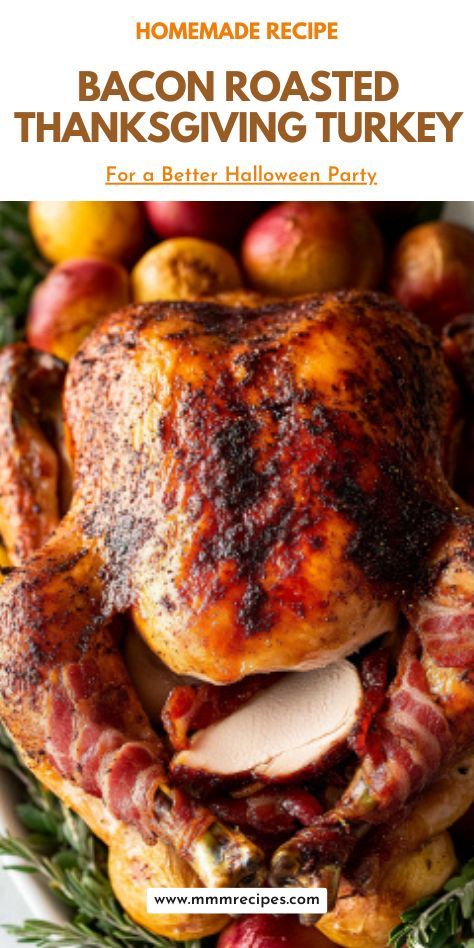 a roasted turkey on a platter with apples in the background and text that reads homemade recipe bacon roasted thanksgiving turkey for a better halloween party