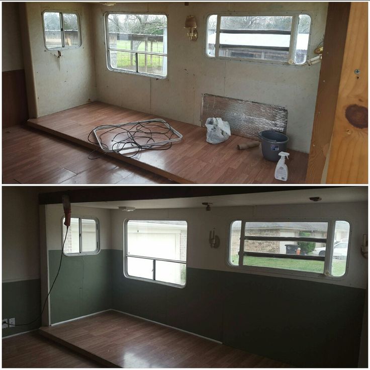 before and after photos of a mobile home being remodeled with wood flooring, windows, and walls