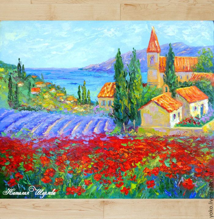 a painting of an italian countryside with flowers in the foreground