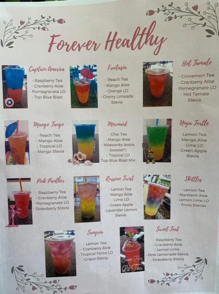 a sign with different drinks on it that says forever healthy and the names of each drink