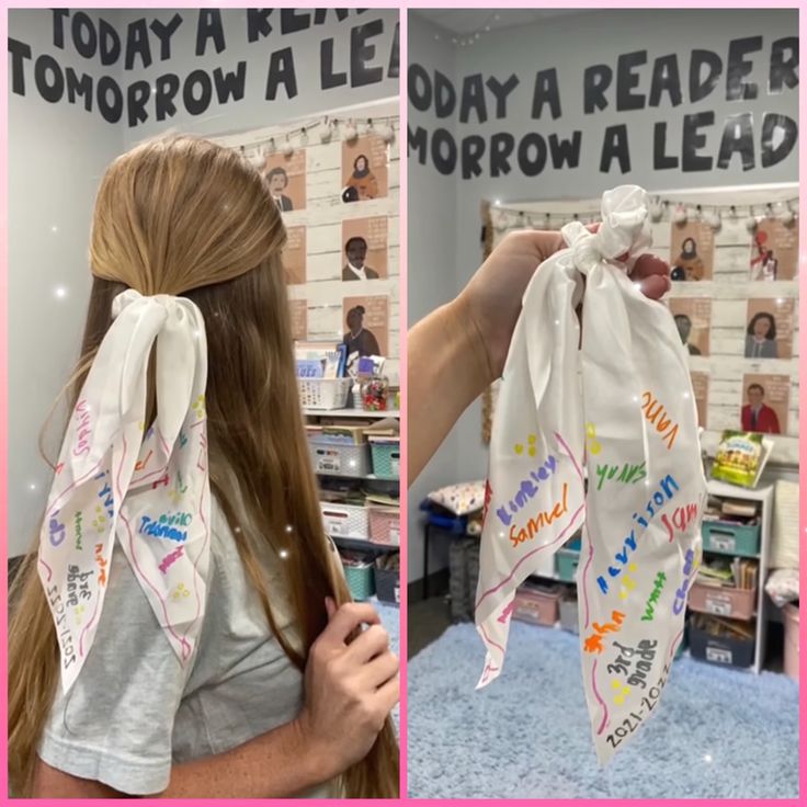 a woman holding up a bag with writing on it in front of two pictures of her hair