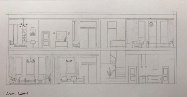 an architectural drawing shows the interior and exterior of a house with multiple floors, windows, and balconies