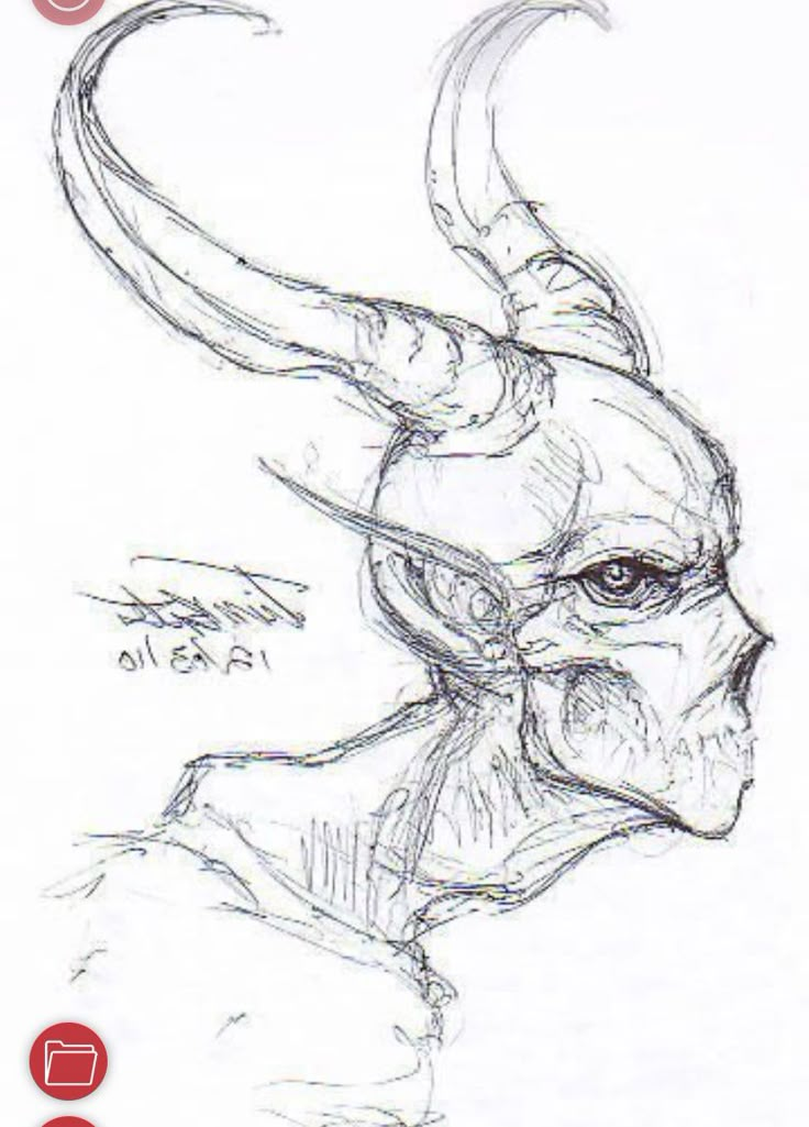 a drawing of a demon with long horns