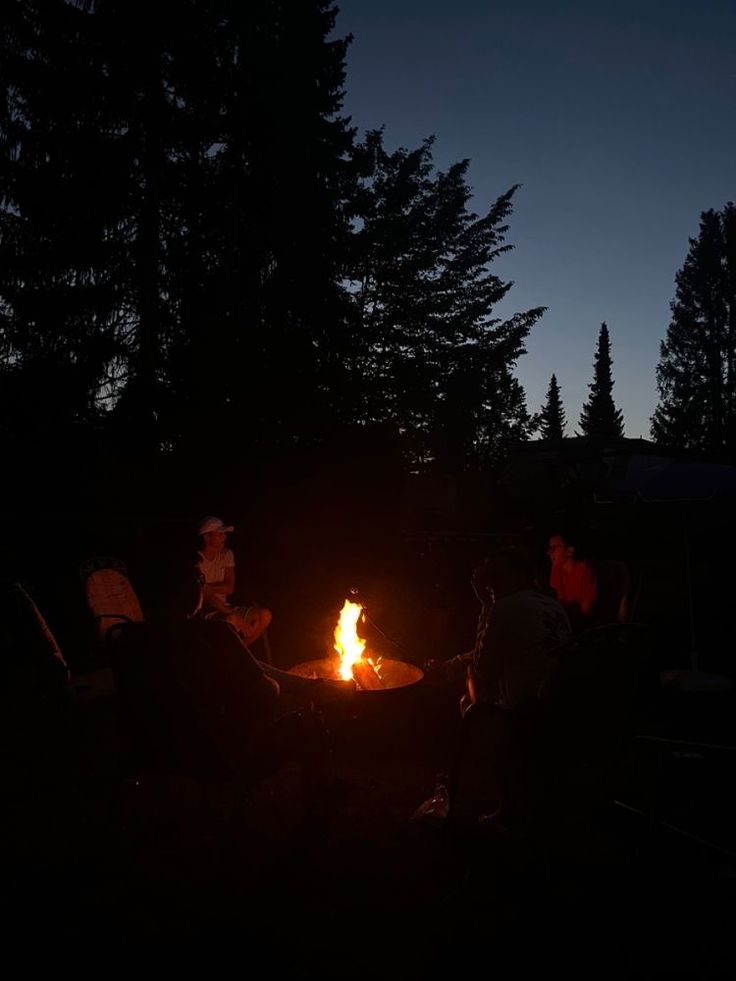 people sitting around a fire pit at night