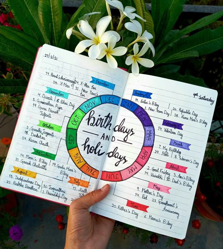 a hand holding an open notebook with the words birth days and holidays written on it