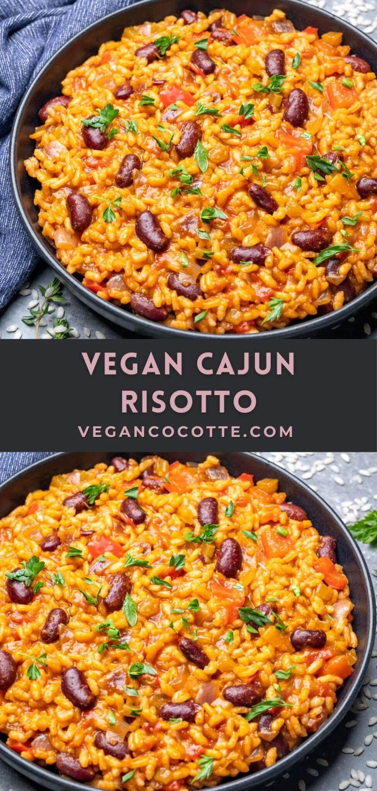 vegan cajun risotto with beans and parsley in a skillet