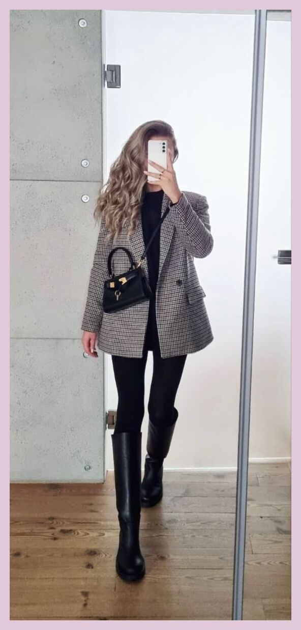 Flat Boots Winter Outfit, Blazer Outfits Leggings, Long Boots Work Outfit, Blazer And Boots Outfit Winter, Long Boots Office Outfit, Suit With Boots Womens, Tall Boots Leggings Outfit, Leggings And High Boots Outfit, Black Turtleneck Blazer Outfit