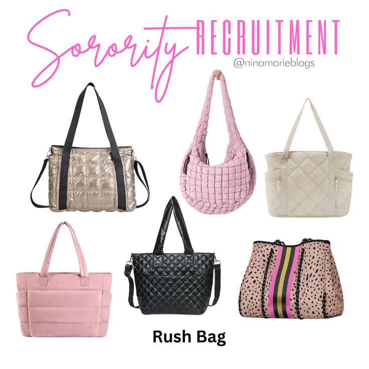 four different purses are shown with the words sorry, they're in pink and black