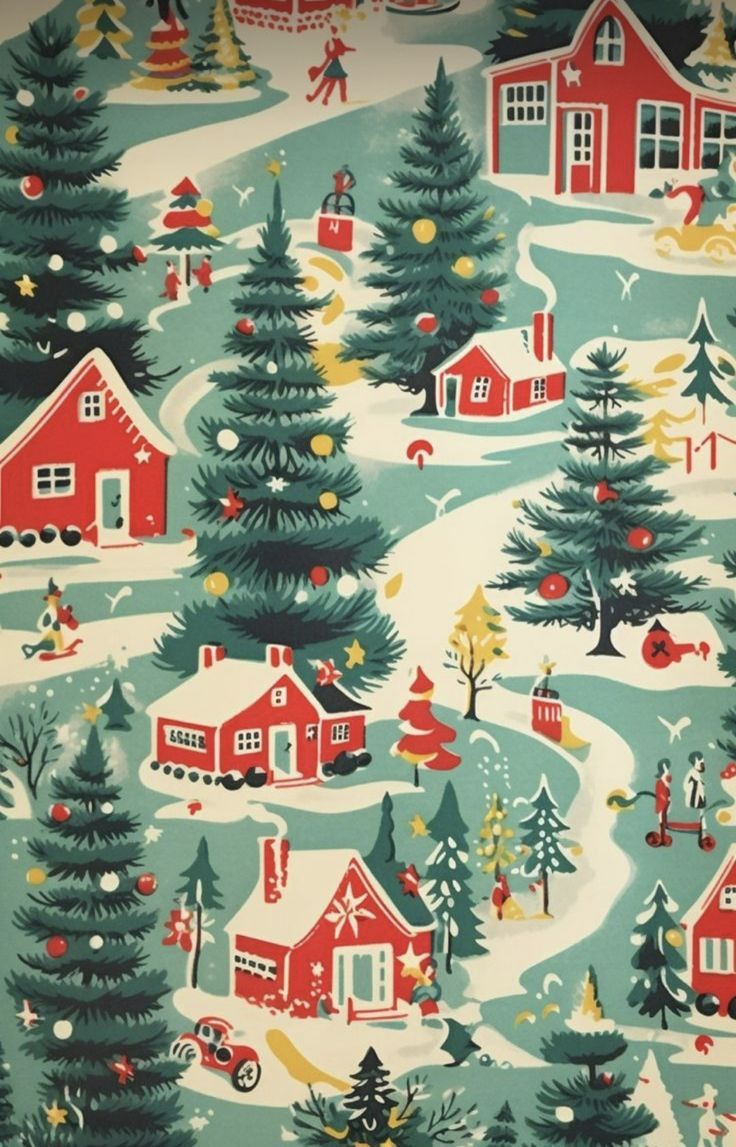 a christmas themed wallpaper with houses and trees