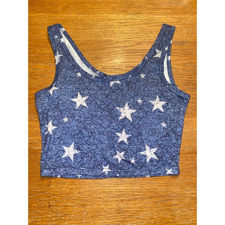 Womens Romwe Crop Tank Size-Small Condition-New Without Tags Features- 65% Polyester, 35% Cotton, Blue Crop Tank Top With White Stars Design, 15.5" Long (450) Fitted Star Print Summer Tops, Fitted Star Print Tops For Summer, Fitted Sleeveless Top With Star Print, Trendy Blue Top With Star Print, Trendy Blue Star Print Top, Blue Star Print Summer Tops, Blue Star Print Tops For Summer, Fitted Blue Top With Star Print, Blue Cotton Star Print Tops