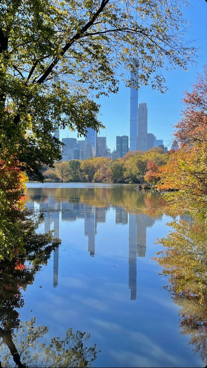 the city skyline is reflected in the still waters of central park's lake michigan