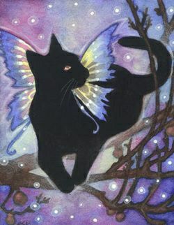 a painting of a black cat with wings on it's back sitting on a tree branch