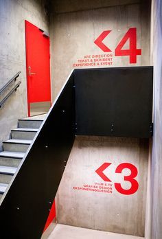 the stairs lead up to the first floor and are marked with red numbers on them