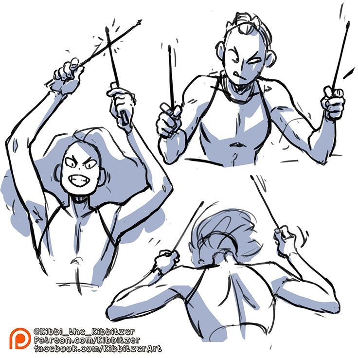 three different poses of a woman holding two sticks in one hand and pointing to the other