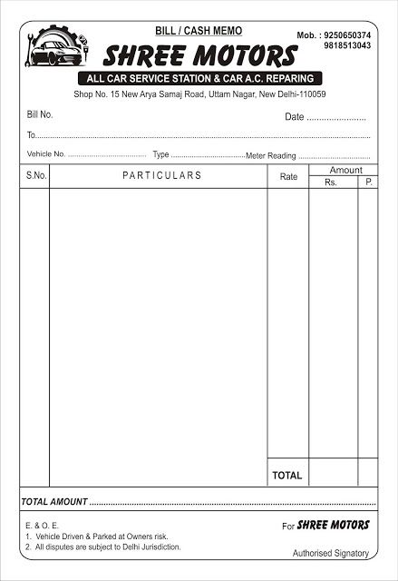 an invoice form with the words,'shre motors'on it