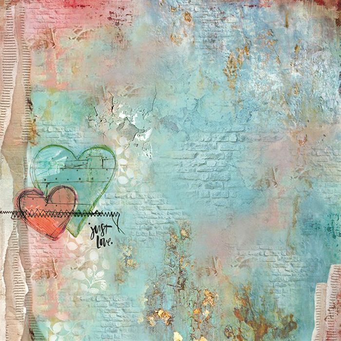 mixed media artwork with paper collages and colored inks on canvas, featuring hearts