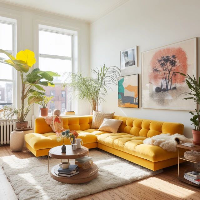 a living room with yellow couches and potted plants in the corner, along with large windows