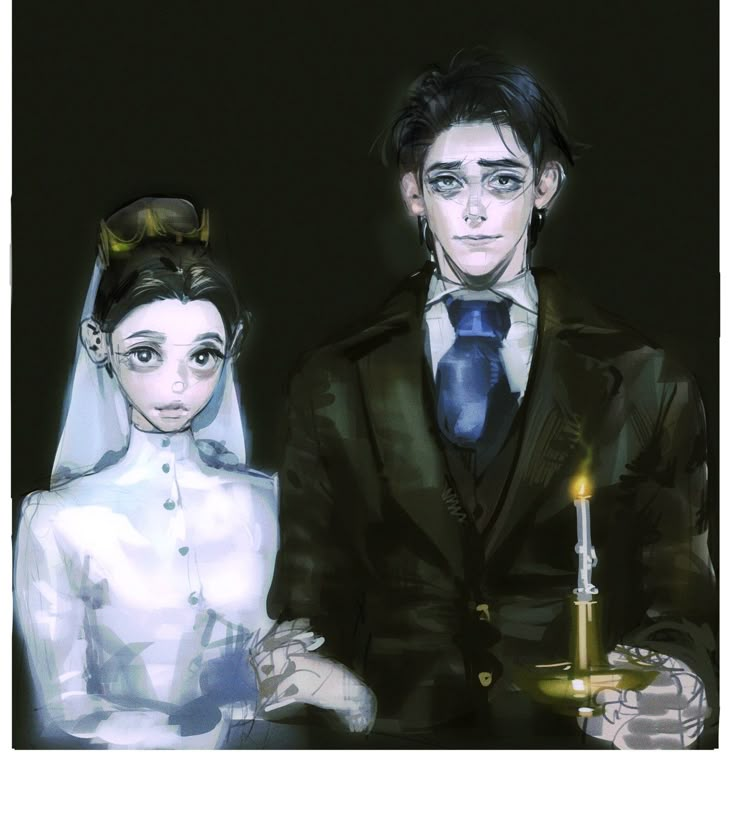 a man and woman dressed up in wedding attire, holding a candle with both hands