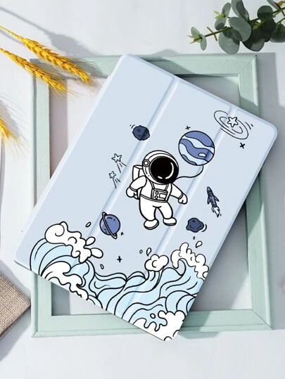 an ipad case that is painted to look like an astronaut floating in space