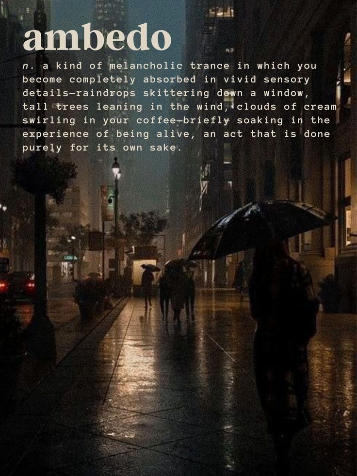 people walking in the rain with umbrellas on a city street at night, and an ad that reads ambedo