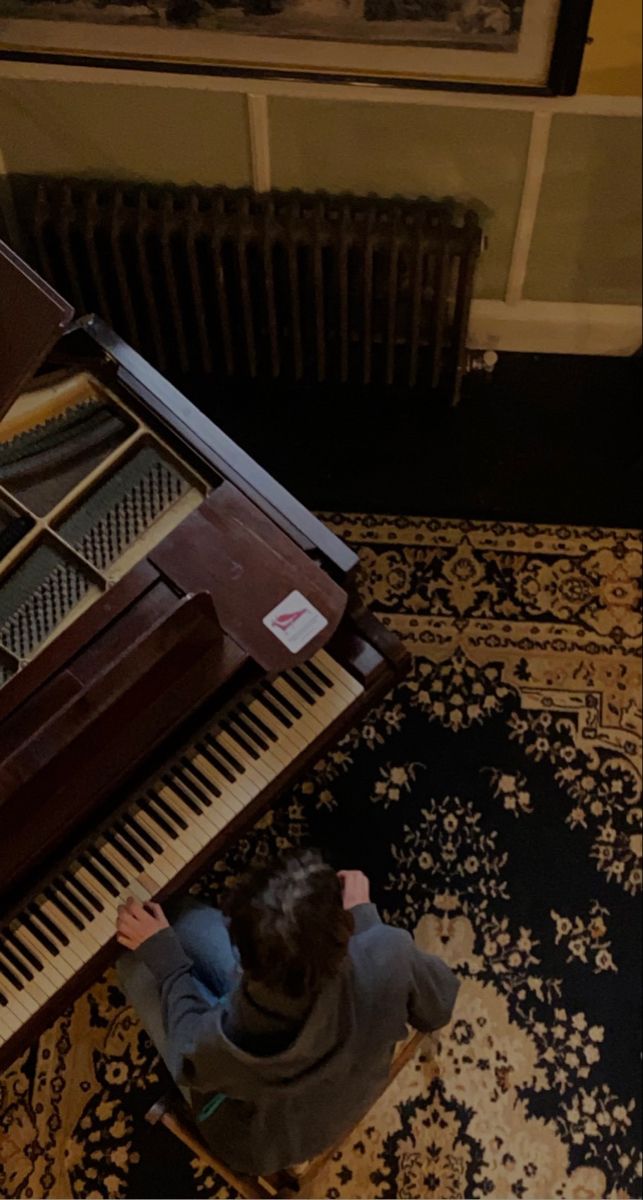 a person sitting at a piano in front of a rug with an ornate design on it