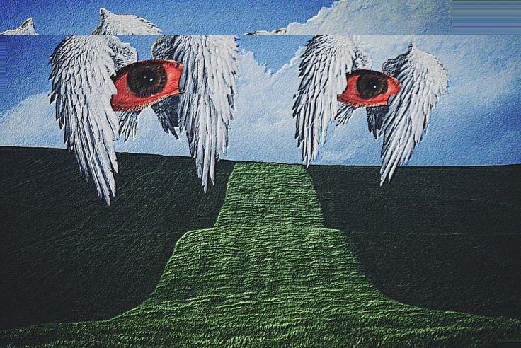 two white angel wings with red eyes on a blue sky and green grass covered hill