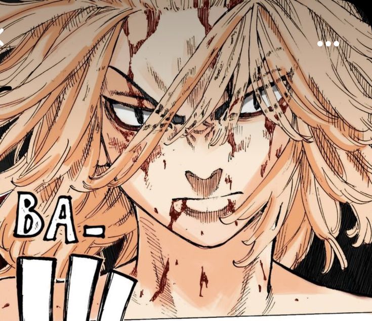 an anime character with long blonde hair and blood on his face is staring at the camera