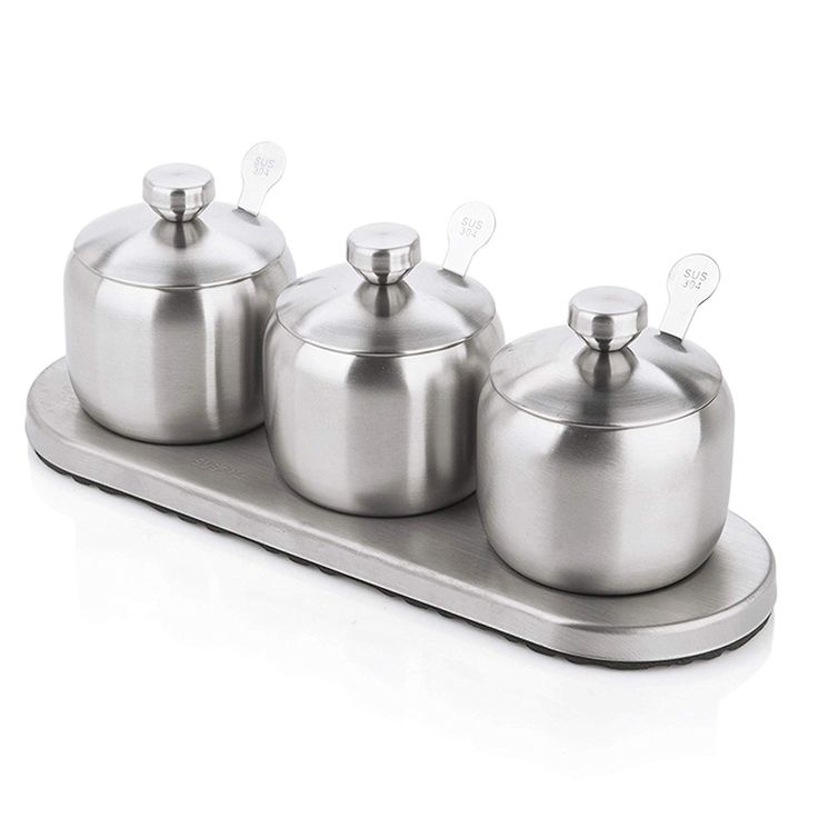 three stainless steel pots and pans on a tray