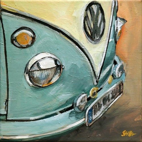 a painting of an old vw bus painted in pastel blue and yellow colors