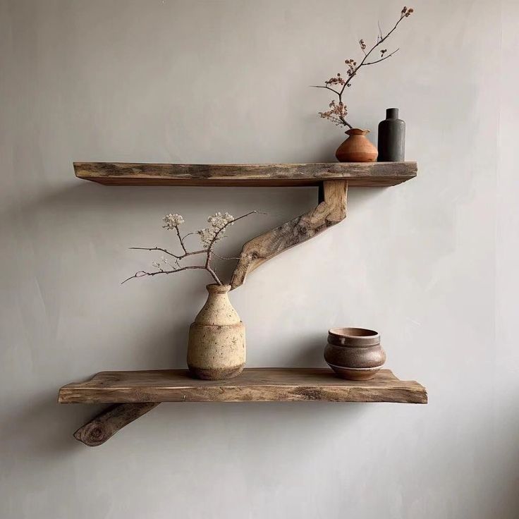 two wooden shelves with vases on them against a white wall and one shelf has a plant in it