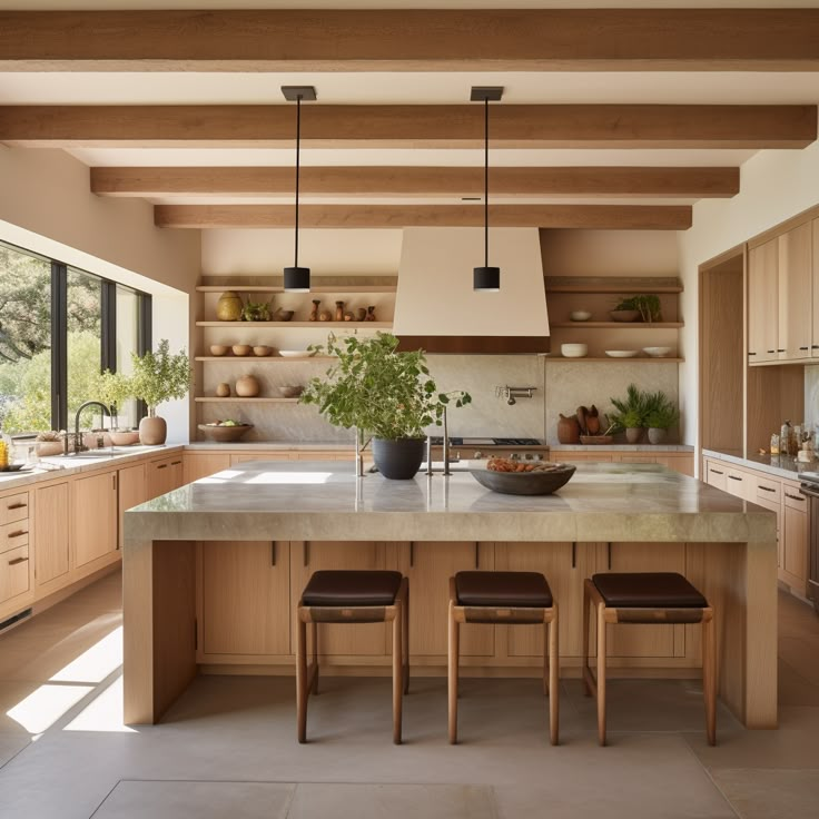 a large kitchen with wooden cabinets and counter tops, along with two stools in front of the island