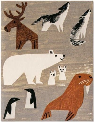 an art print with animals and birds on it's sides, including polar bears