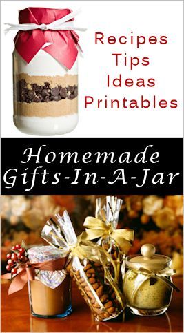 homemade gifts in a jar with text overlay that reads, recipes tips ideas printables