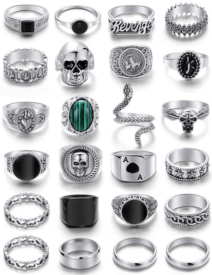 PRICES MAY VARY. [PACKAGE]: This vintage men's rings comes in a mix of sizes【9 /9.5 /10】,24 pieces in total, that can be worn individually or stacked to show off a man's tough demeanor. [DESIGN]: The design is simple and fashionable, such as a malachite wide face ring, a gothic ring with a carved skull, and a vintage ring with an ace of spades shape. Most men can't resist the charm of this ring set. [MATERIAL]: The carefully selected alloy material, total weight 162g, each ring cut smoothly, wil Rings Pack, Fashion Ring Set, Punk Rings, Skull Snake, White Diamond Rings Engagement, Mens Chain Bracelet, Mens Rings Fashion, Gothic Rings, Knuckle Rings