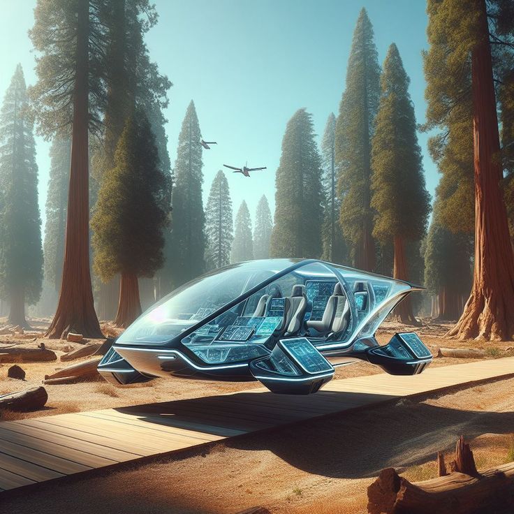 a futuristic vehicle is parked in the middle of a wooded area with trees and planes flying overhead