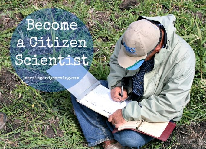 a man sitting on the ground writing in a book with text that reads, become a citizen scientist