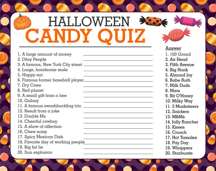 a halloween candy quiz is shown in purple and orange