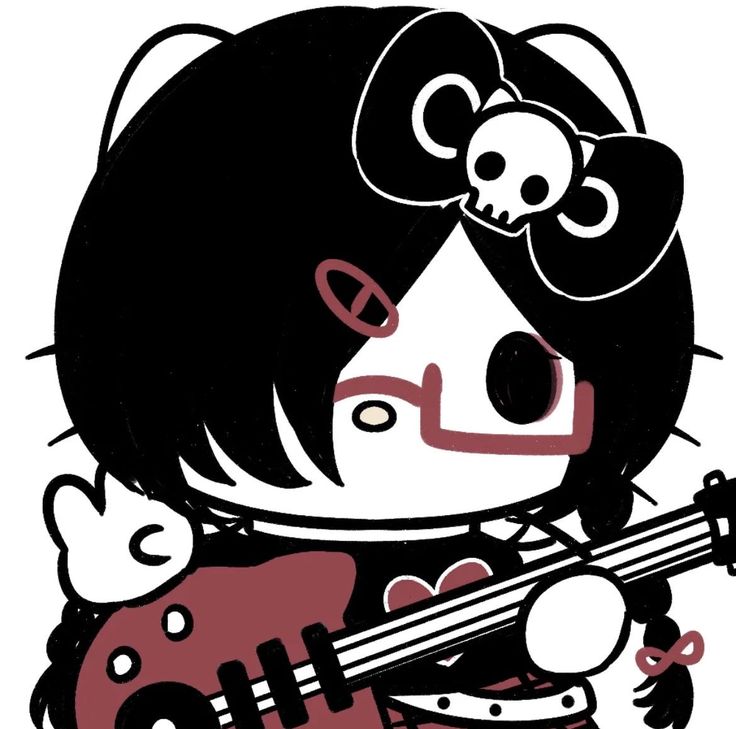 an illustration of a girl with a guitar and skull on her head, playing the guitar