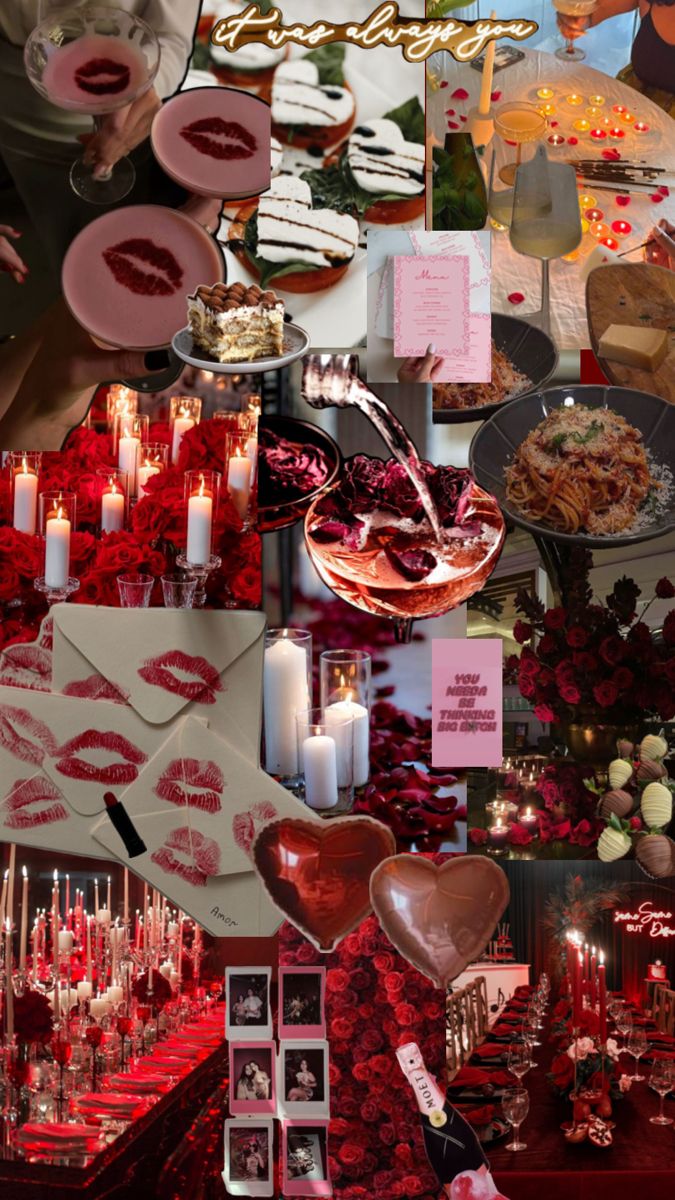 a collage of photos with candles, plates and pictures on the table for valentine's day