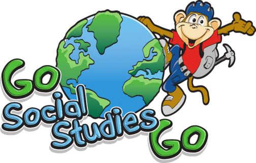 the logo for go social studies go, with a cartoon monkey on top of a globe