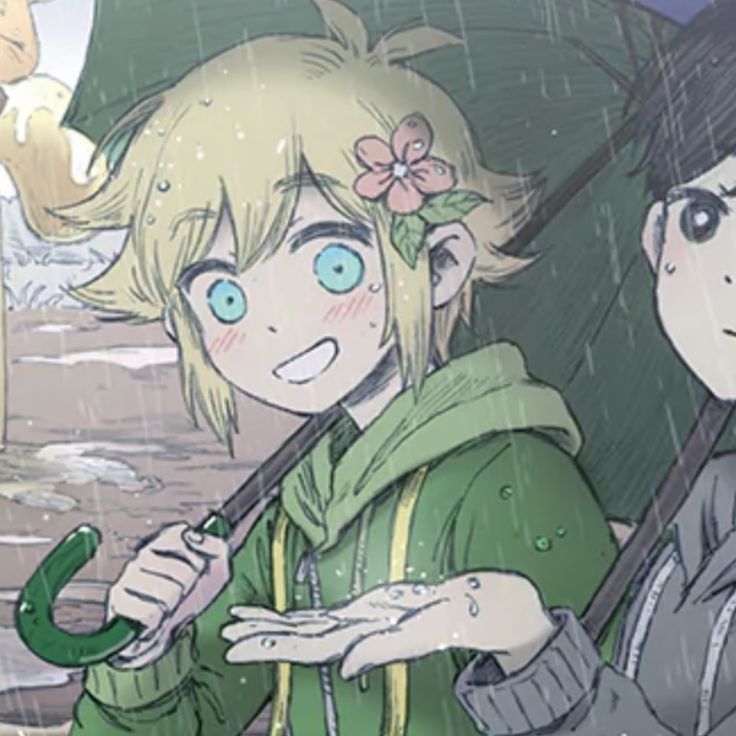 an anime character holding a green umbrella in the rain with another person standing behind him