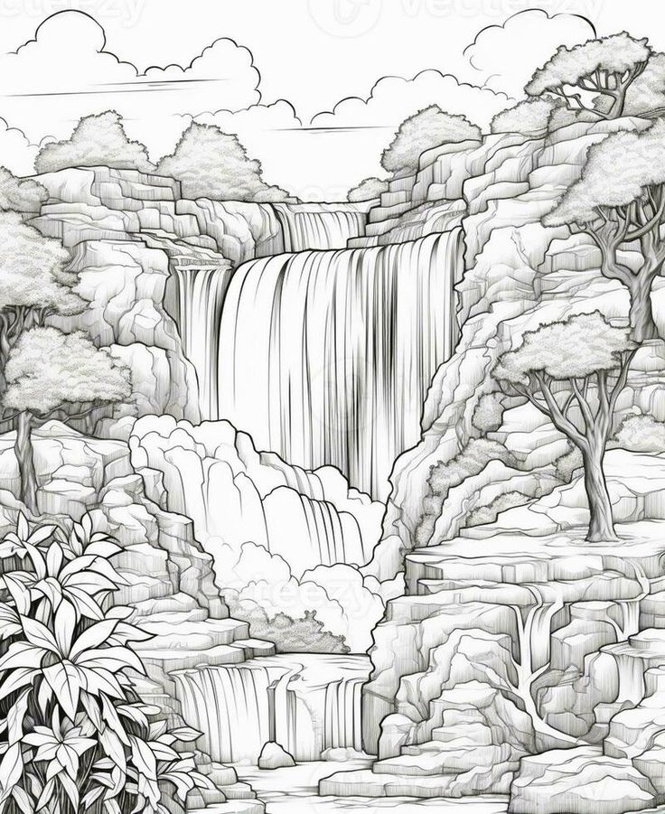 a drawing of a waterfall with trees and bushes in the background. generative ai. Perspective Landscape Drawing, Fantasy Landscape Drawing, Fantasy World Drawing, Waterfall Scenery Drawing, Waterfall Sketch, Ground Drawing, Graphics Architecture, Waterfall Drawing, Landscape Drawing Tutorial