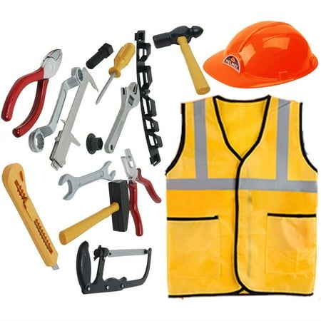 an assortment of tools and construction equipment are arranged on a white background, including a safety vest