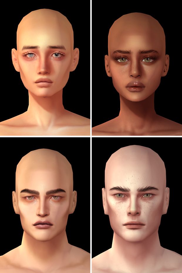 four different angles of the face of a man with no hair and one without his head