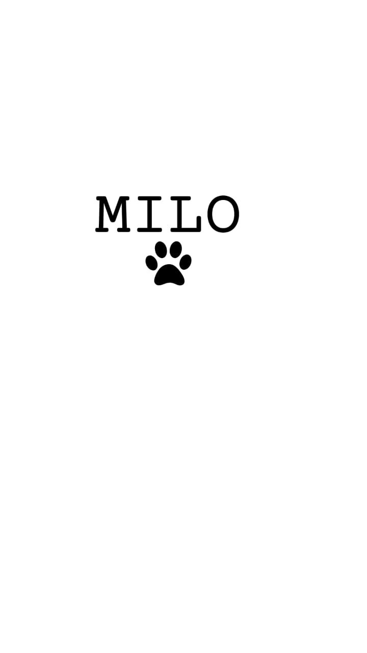 a black and white photo of a dog's paw with the word milo on it