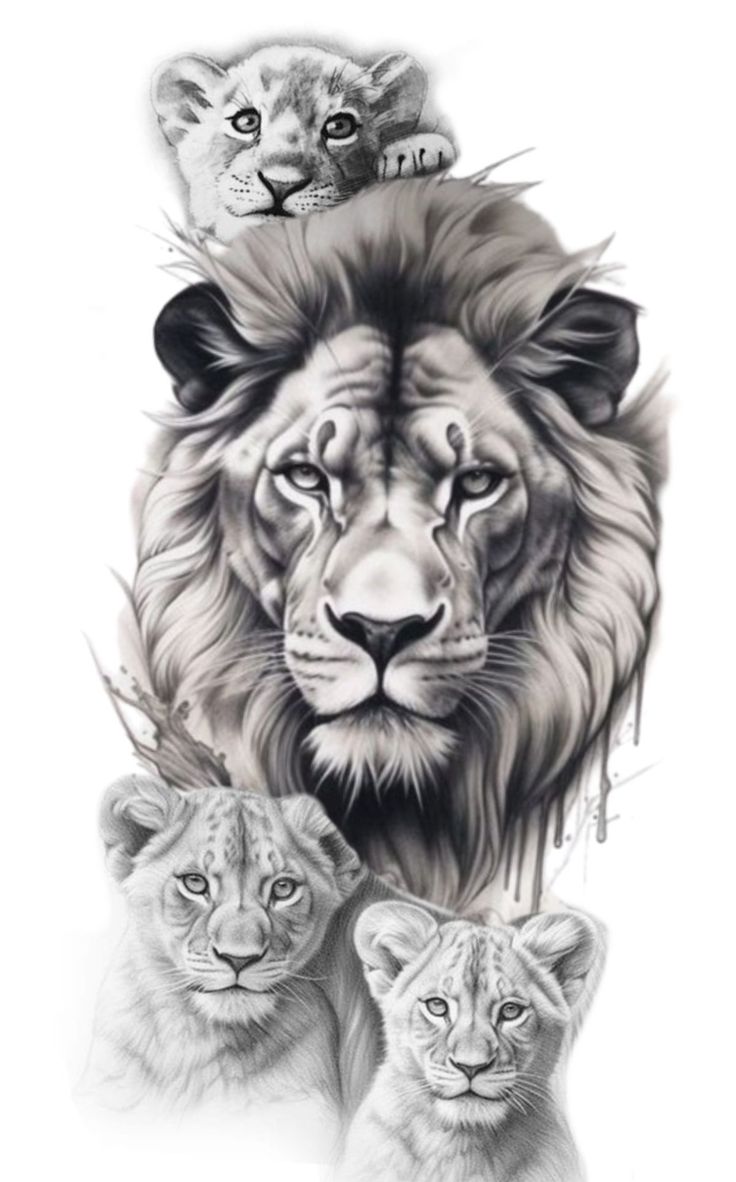 two lions and one lion cub are depicted in this black and white drawing by the artist