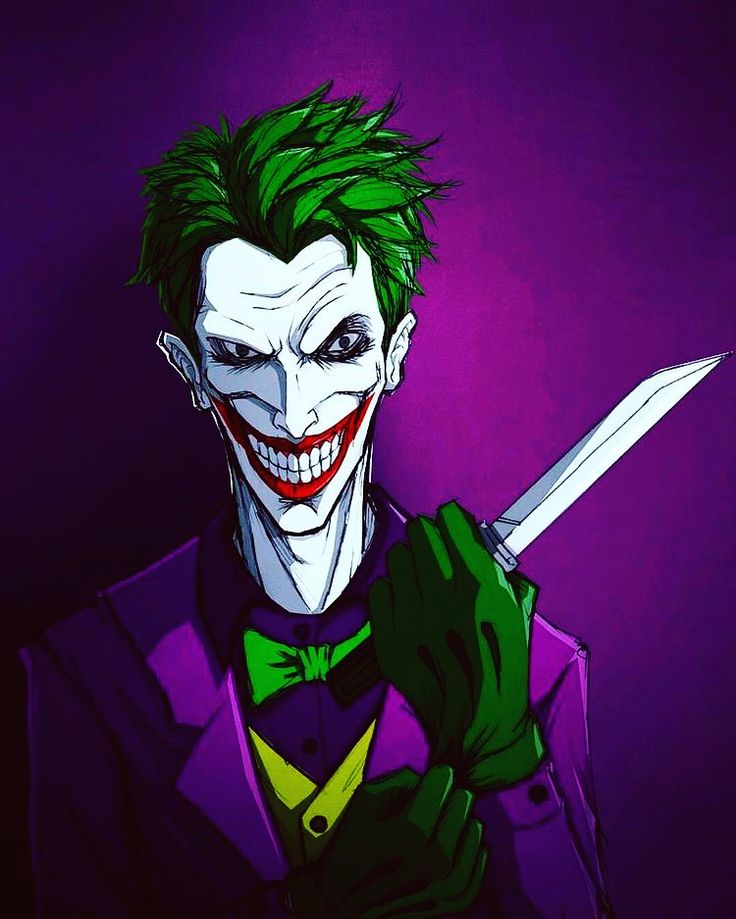 the joker is holding a knife in his right hand and wearing a purple suit with green hair